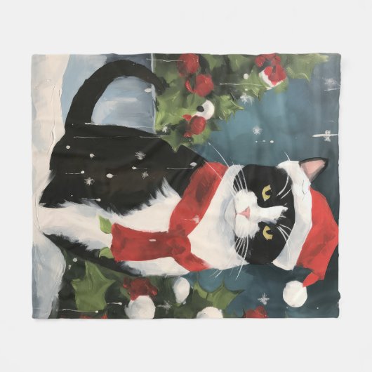 Tuxedo Katze im Schnee Weihnachten Fleecedecke (Vorderseite (Horizontal))
