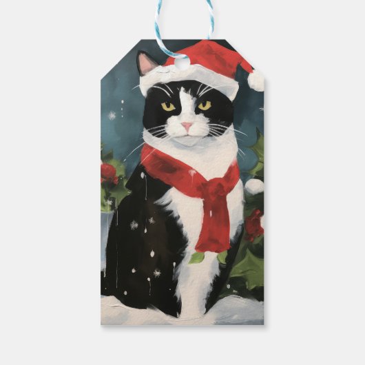 Tuxedo Katze im Schnee Weihnachten Geschenkanhänger (Rückseite)