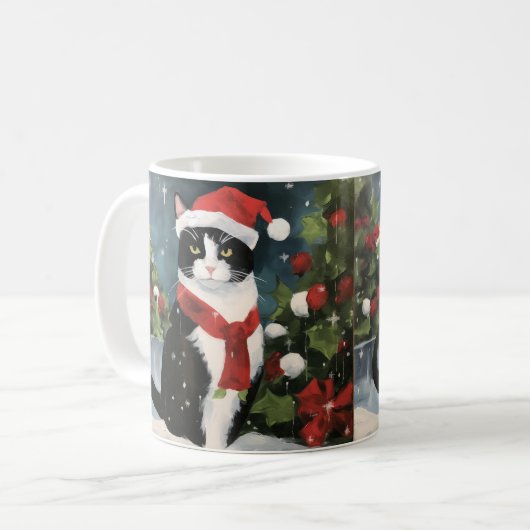 Tuxedo Katze im Schnee Weihnachten Kaffeetasse (Vorderseite Links)