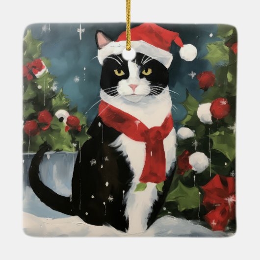 Tuxedo Katze im Schnee Weihnachten Keramikornament (Rückseite)
