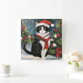 Tuxedo Katze im Schnee Weihnachten Quadratische Wanduhr (Zuhause)