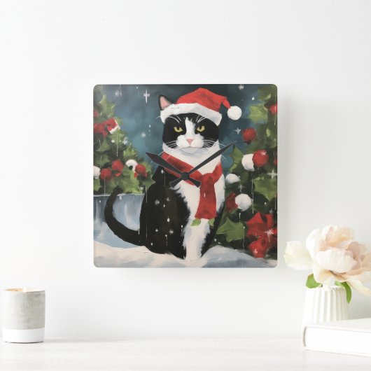 Tuxedo Katze im Schnee Weihnachten Quadratische Wanduhr (Zuhause)