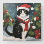 Tuxedo Katze im Schnee Weihnachten Quadratische Wanduhr (Vorderseite)