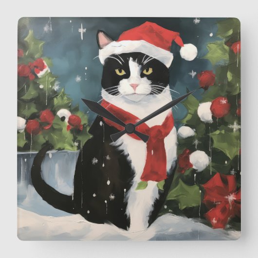 Tuxedo Katze im Schnee Weihnachten Quadratische Wanduhr (Vorderseite)