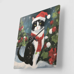 Tuxedo Katze im Schnee Weihnachten Quadratische Wanduhr