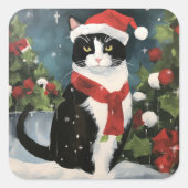 Tuxedo Katze im Schnee Weihnachten Quadratischer Aufkleber (Vorderseite)