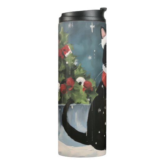 Tuxedo Katze im Schnee Weihnachten Thermosbecher (Nach links gedreht)