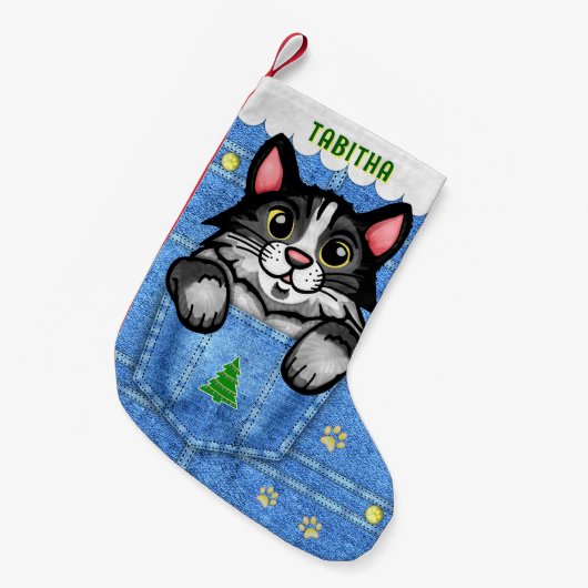 Tuxedo Katze in Imitate Denim Pocket mit Individue Kleiner Weihnachtsstrumpf (Vorderansicht (hängend))