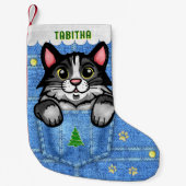 Tuxedo Katze in Imitate Denim Pocket mit Individue Kleiner Weihnachtsstrumpf (Vorderseite)