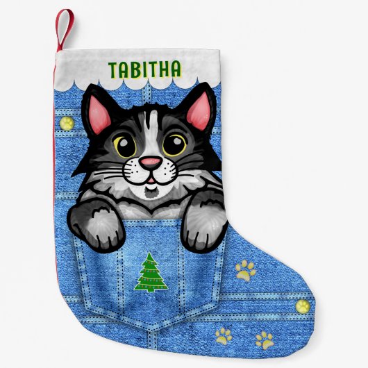 Tuxedo Katze in Imitate Denim Pocket mit Individue Kleiner Weihnachtsstrumpf (Vorderseite)