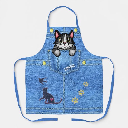Tuxedo Katze in Imitate Denim Pocket mit Individue Schürze (Vorderseite)