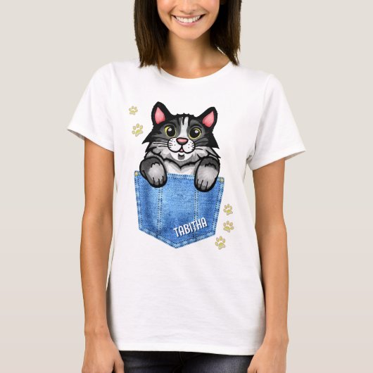 Tuxedo Katze in Imitate Denim Pocket mit Individue T-Shirt (Vorderseite)