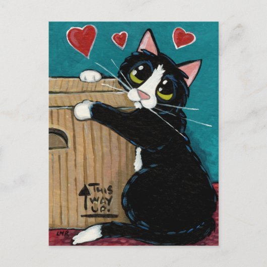 Tuxedo Katze in Liebe mit Postkarte (Vorderseite)