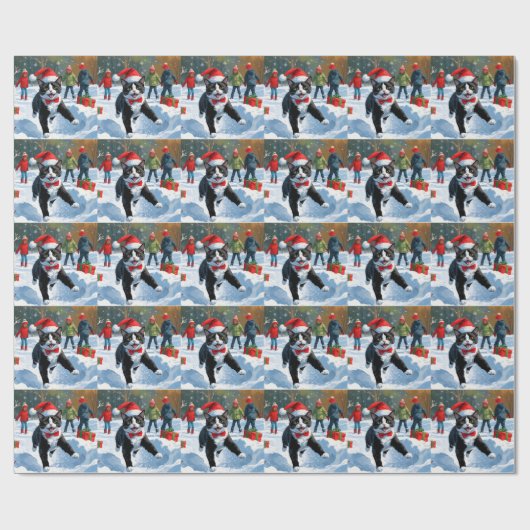 Tuxedo Katze läuft im Schnee mit Weihnachtsmütze Geschenkpapier (Flach)