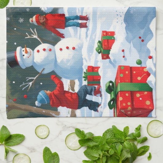 Tuxedo Katze läuft im Schnee mit Weihnachtsmütze Geschirrtuch (Gefaltet)