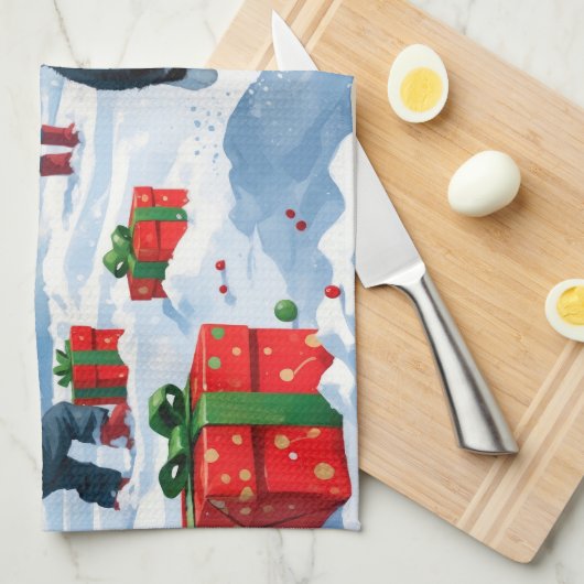 Tuxedo Katze läuft im Schnee mit Weihnachtsmütze Geschirrtuch (Viertel Falte)