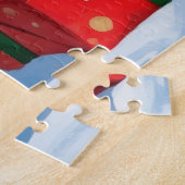 Tuxedo Katze läuft im Schnee mit Weihnachtsmütze Puzzle (Seite)