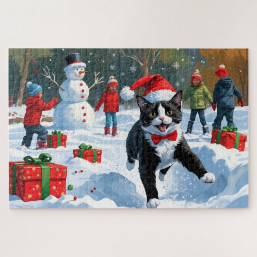 Tuxedo Katze läuft im Schnee mit Weihnachtsmütze Puzzle (Horizontal)