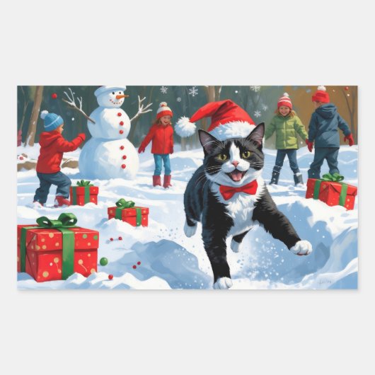 Tuxedo Katze läuft im Schnee mit Weihnachtsmütze Rechteckiger Aufkleber (Vorderseite)