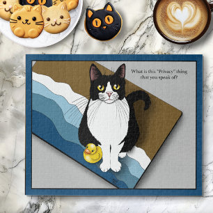 Tuxedo-Katze Lustig Badezimmer Privatsphäre Blau Puzzle