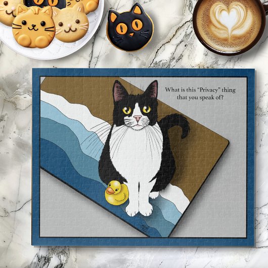 Tuxedo-Katze Lustig Badezimmer Privatsphäre Blau Puzzle