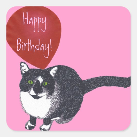 Tuxedo Katze mit Balloon Happy Birthday Stickers (Vorderseite)