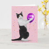 Tuxedo Katze mit Birthday Balloon Card Karte (Gelbe Blume)