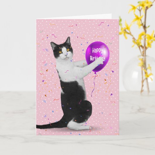 Tuxedo Katze mit Birthday Balloon Card Karte (Gelbe Blume)