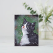 Tuxedo Katze mit Blick auf Schneeflocken, Gemälde Postkarte (Stehend Vorderseite)