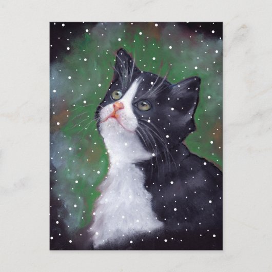 Tuxedo Katze mit Blick auf Schneeflocken, Gemälde Postkarte (Vorderseite)