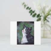 Tuxedo Katze mit Blick auf Schneeflocken, Gemälde Postkarte (Stehend Vorderseite)