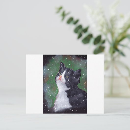 Tuxedo Katze mit Blick auf Schneeflocken, Gemälde Postkarte (Stehend Vorderseite)