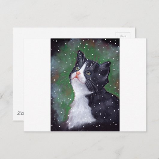 Tuxedo Katze mit Blick auf Schneeflocken, Gemälde Postkarte (Vorne/Hinten)