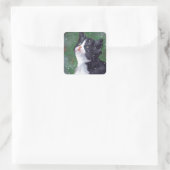 Tuxedo Katze mit Blick auf Schneeflocken, Gemälde Quadratischer Aufkleber (Tasche)