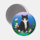 Tuxedo Katze mit Blume Magnet (Vorderseite/Rückseite)
