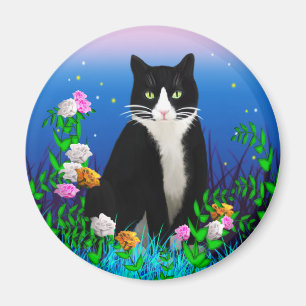 Tuxedo Katze mit Blume Magnet
