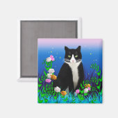 Tuxedo Katze mit Blume Magnet (Vorderseite/Rückseite)
