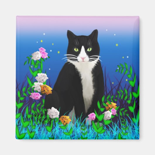 Tuxedo Katze mit Blume Magnet (Vorne)