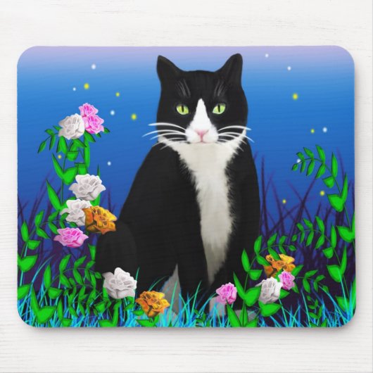 Tuxedo Katze mit Blume Mousepad (Vorne)