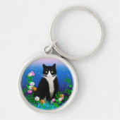 Tuxedo Katze mit Blume Schlüsselanhänger (Vorne)