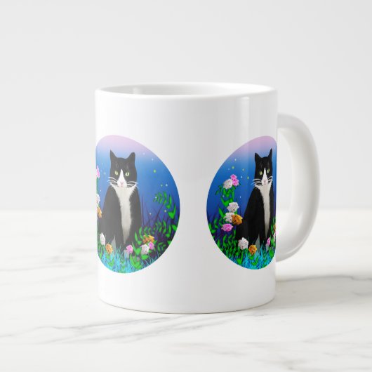 Tuxedo Katze mit Blume Tasse (Vorderseite Rechts)
