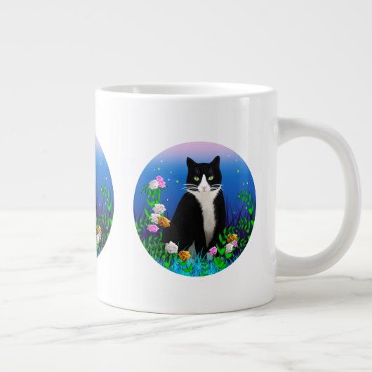 Tuxedo Katze mit Blume Tasse (Rechts)