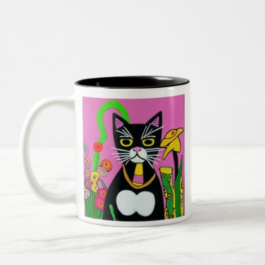 Tuxedo-Katze mit Blume Zweifarbige Tasse (Links)