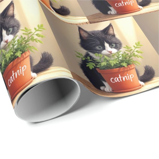 Tuxedo-Katze mit Catnip-Pflanze Geschenkpapier (Rolleneckpunkt)