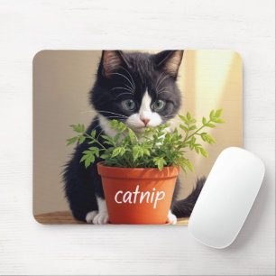 Tuxedo-Katze mit Catnip-Pflanze Mousepad