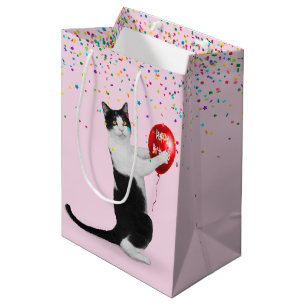 Tuxedo Katze mit Confetti und Geburtstagsballon Mittlere Geschenktüte