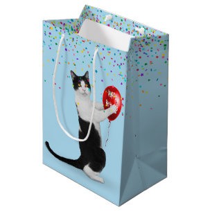 Tuxedo Katze mit Confetti und Geburtstagsballon Mittlere Geschenktüte