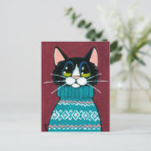 Tuxedo Katze mit einem hässlichen Sweater Gemälde Postkarte (Stehend Vorderseite)