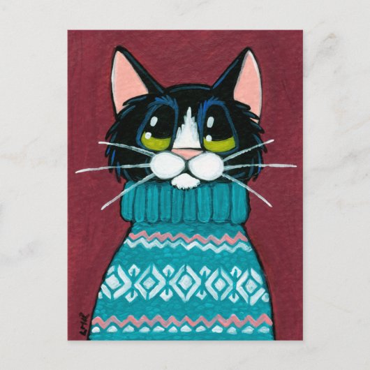 Tuxedo Katze mit einem hässlichen Sweater Gemälde Postkarte (Vorderseite)