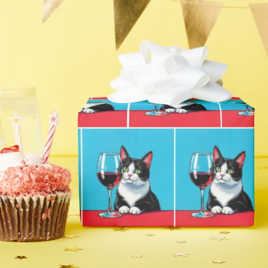 Tuxedo-Katze mit Glas Rotwein Geschenkpapier (Geburtstagsparty)